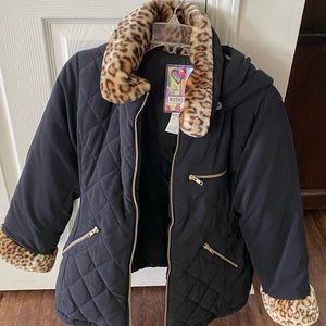 Girls black Leopard Winter Jacket Removable Hood Sz XL 16